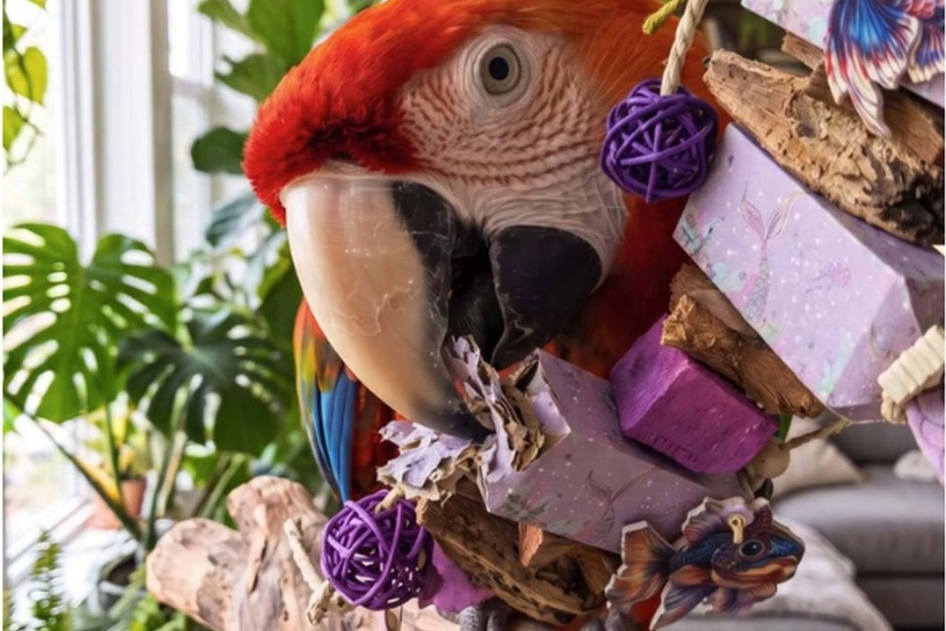 Kundenfoto Rosakakadu schreddert Papierschachtel von Becherglück. Rosakakadu spielt mit Becherspielzeug.